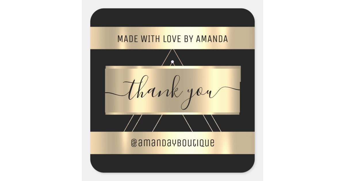Thank You Shopping Custom Name Gold Black Square Sticker | Zazzle