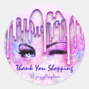 Thank You Shopping Drips Pink Eyelash Holograph Classic Round Sticker
