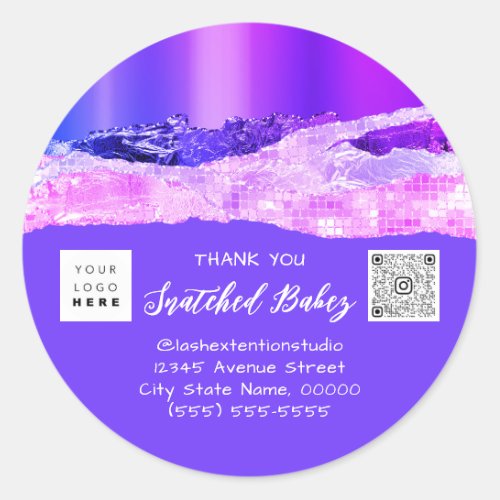 Thank You Shopping Logo QR Code Pink Blue Glitter  Classic Round Sticker