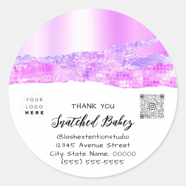Thank You Shopping Logo QR Code Pink White Classic Round Sticker (Front)