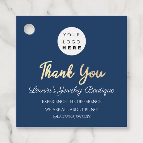 Thank You Shopping Name Logo  QR Code Blue Navy Favor Tags