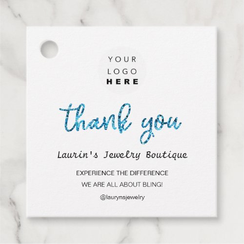 Thank You Shopping Name Logo  QR Code Glitter Blue Favor Tags