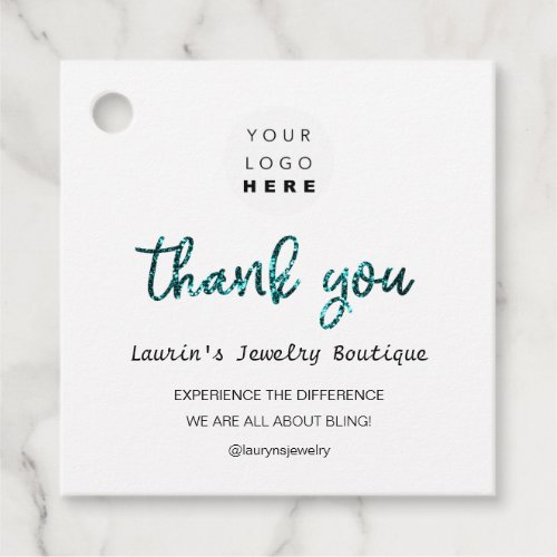 Thank You Shopping Name Logo  QR Code Glitter Teal Favor Tags