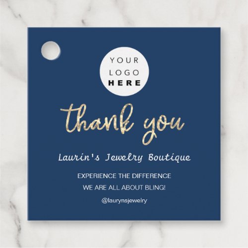 Thank You Shopping Name Logo  QR Code Navy Favor Tags