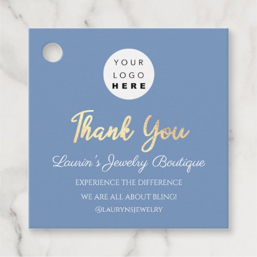 Thank You Shopping Name Logo  QR Code Smoky Blue Favor Tags