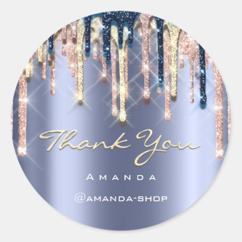 Thank You Shopping Rose Glitter Drips Blue Gold Classic Round Sticker