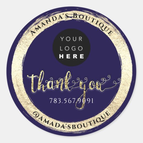 Thank You Shopping Script Gold Framed Logo Navy Classic Round Sticker