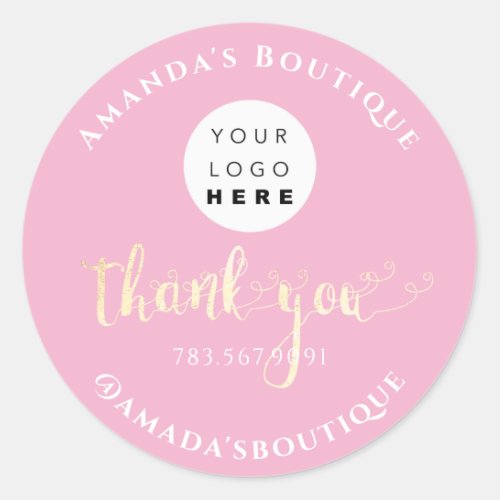  Thank You Shopping Script Gold Framed Logo Pink Classic Round Sticker