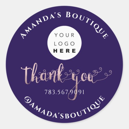  Thank You Shopping Script Rose Blue Navy Logo   Classic Round Sticker