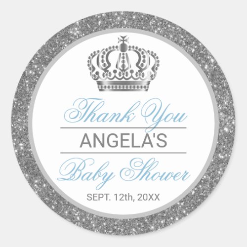 Thank You Silver Blue Prince Crown Baby Shower Classic Round Sticker
