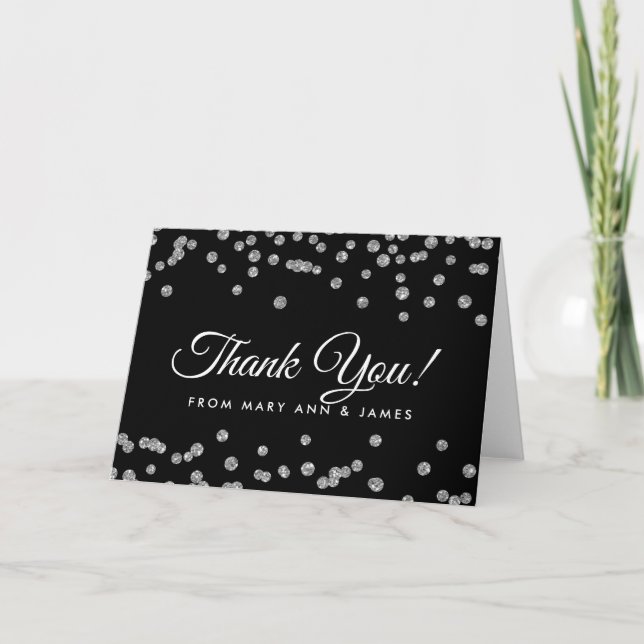 "Thank you" Silver Faux Glitter Confetti Black Thank You Card (Front)