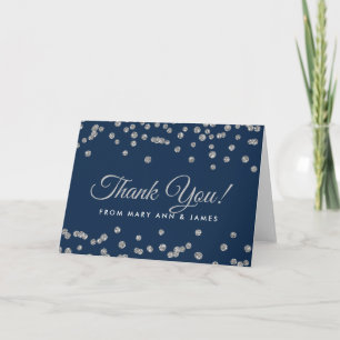 "Thank you" Silver Faux Glitter Confetti Navy Blue Letterpress Thank You Card