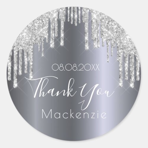 Thank You silver glitter drips sparkle name Classic Round Sticker