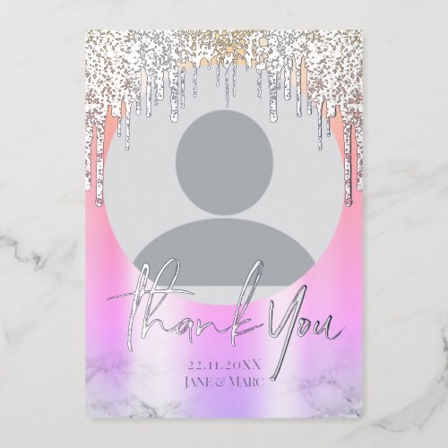 Thank You Silver Holographic Glitter Drips Photo Foil Holiday Card