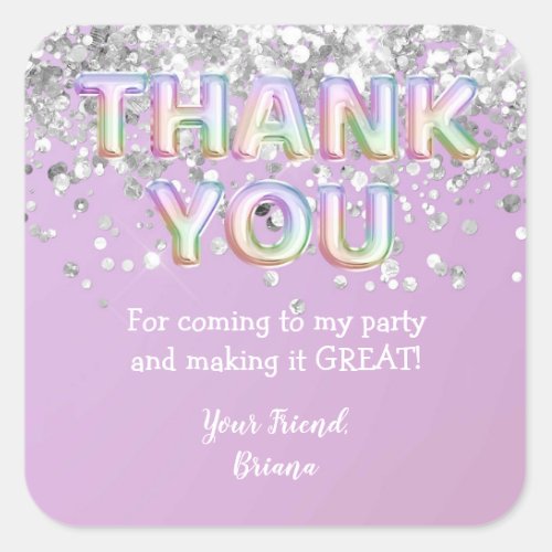 Thank You Silver Rainbow Balloons Favor Square Sticker