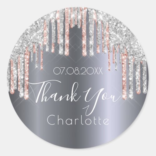 Thank You silver rose gold glitter drips Classic Round Sticker