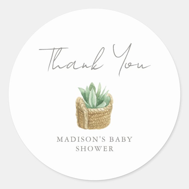 Thank You Simple Succulent Baby Shower Classic Round Sticker (Front)