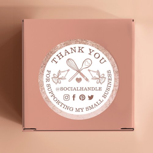 Thank You Small Bakery Rose Gold Glitter Utensils Classic Round Sticker
