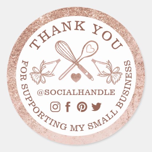 Thank You Small Bakery Rose Gold Glitter Utensils Classic Round Sticker 