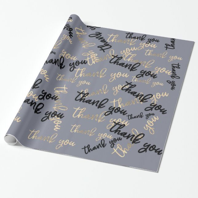 Thank You Smoky Gray Gold Caligraphy Favor Wrapping Paper (Unrolled)
