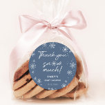 Thank you snow much blue baby shower classic round sticker<br><div class="desc">White snowflake Thank you snow much blue boy baby shower sticker.</div>