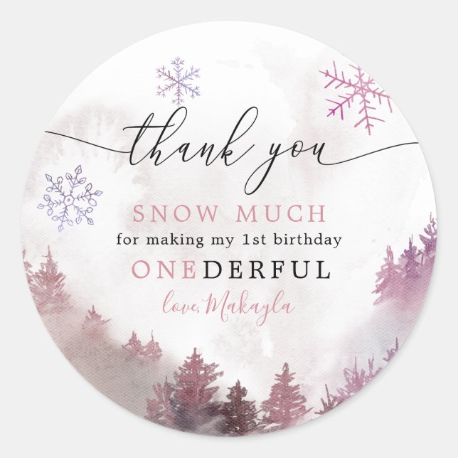 Thank You Snow Much Girl 1st Birthday Favor Classic Round Sticker (Front)