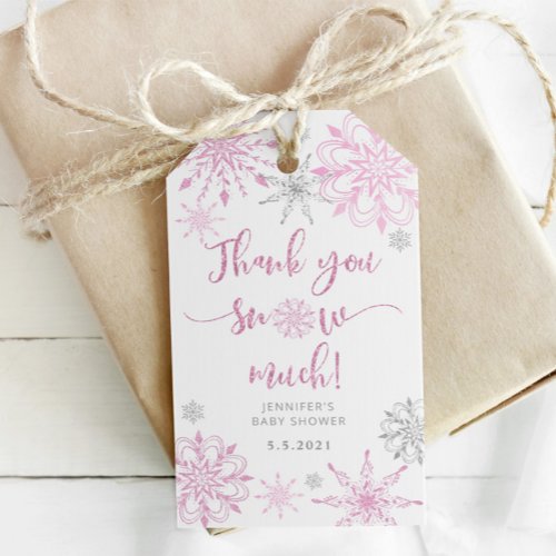 Thank you snow much pink silver snowflakes gift tags