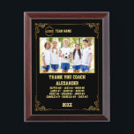 Thank You Soccer Coach Custom photo & Players name Award Plaque<br><div class="desc">A personalized Soccer with the coach and players' names, along with their custom pictures, can serve as a memorable and unique memento for a team. This thoughtful gesture fosters a sense of unity, pride, and camaraderie among team members, while also providing a tangible reminder of their shared experiences and achievements...</div>