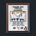 Thank You Soccer Coach Custom photo & Players name Award Plaque<br><div class="desc">A personalized Soccer with the coach and players' names, along with their custom pictures, can serve as a memorable and unique memento for a team. This thoughtful gesture fosters a sense of unity, pride, and camaraderie among team members, while also providing a tangible reminder of their shared experiences and achievements...</div>