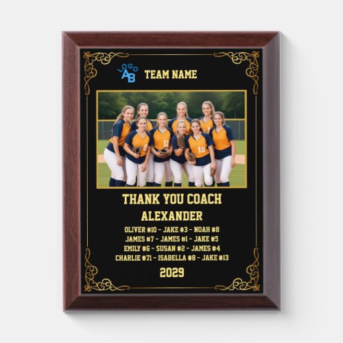 Thank You Softball Coach Custom photo  names Award Plaque