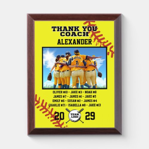 Thank You Softball Coach Custom photo  names Award Plaque
