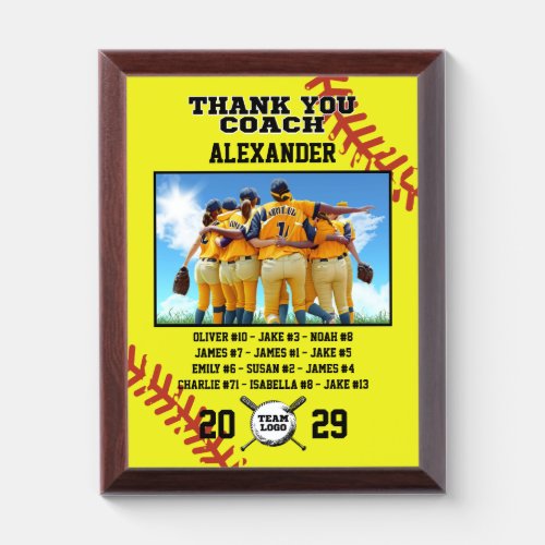 Thank You Softball Coach Custom photo  names Award Plaque