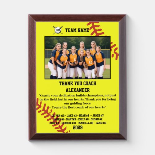 Thank You Softball Coach Custom photo  names Award Plaque