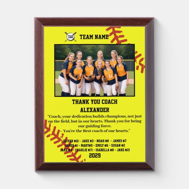 Thank You Softball Coach, Custom photo & names Award Plaque (Vertical)