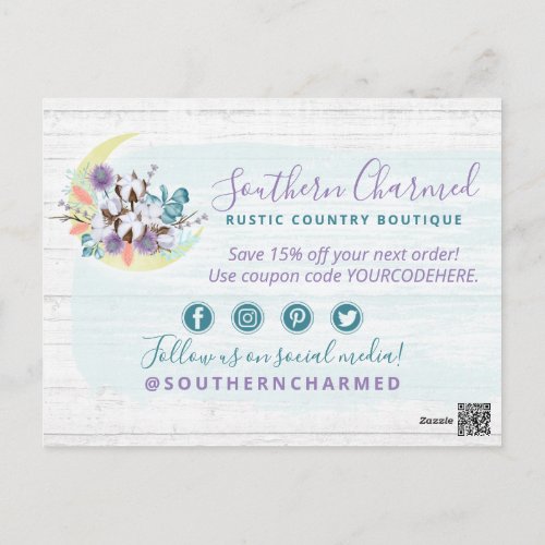 Thank You Southern Floral Cotton Moon Rustic Wood Postcard