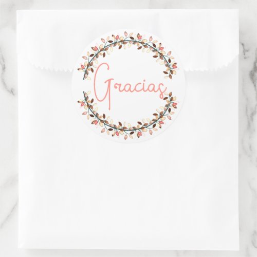Thank You Spanish Gracias Coral Typography Wreath Classic Round Sticker