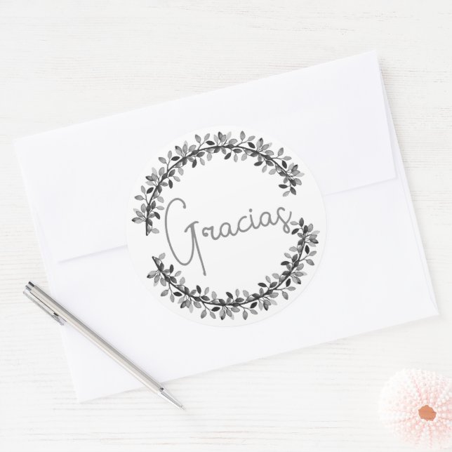 Thank You Spanish Gracias Gray Typography Wreath Classic Round Sticker (Envelope)