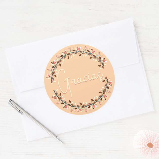 Thank You Spanish Gracias Yellow Typography Wreath Classic Round Sticker (Envelope)
