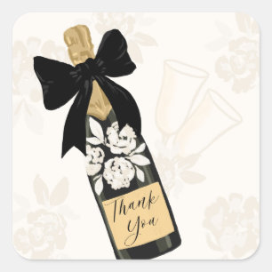 Thank you Sparkling Wine Bottle Black Bow Square Sticker