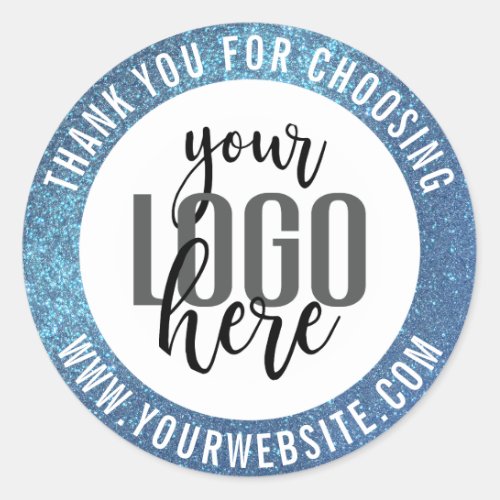 Thank You Sparkly Blue Glitter Business Logo Classic Round Sticker