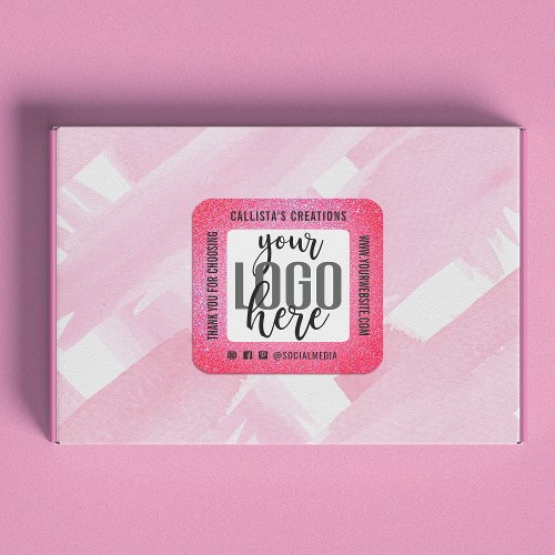 Thank You Sparkly Neon Pink Glitter Business Logo Square Sticker