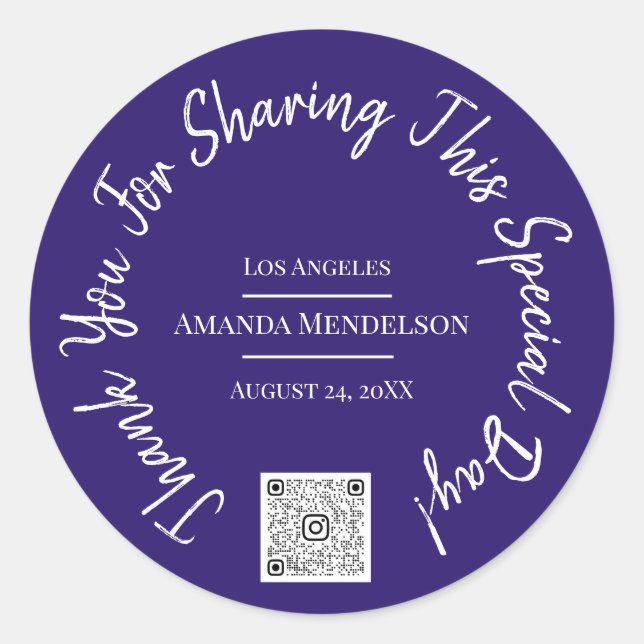 Thank You  Special Day QR Code Logo Blue Classic Round Sticker (Front)