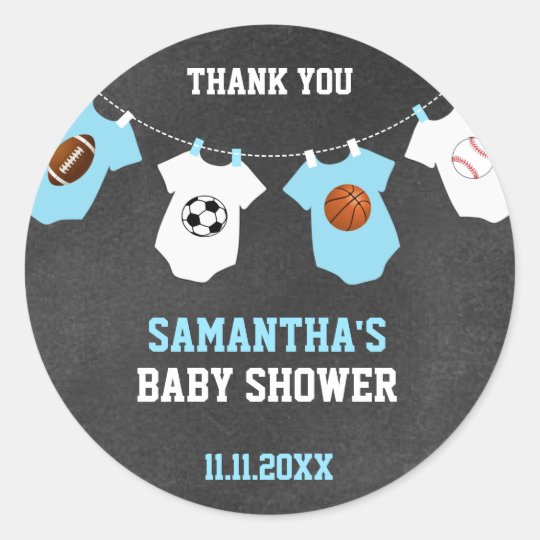 Thank You Sports Theme Baby Shower Chalkboard Boy Classic Round