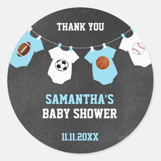 Thank You Sports Theme Baby Shower Chalkboard Boy Classic Round Sticker (Front)