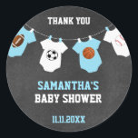 Thank You Sports Theme Baby Shower Chalkboard Boy Classic Round Sticker<br><div class="desc">Lovely modern thank you sports chalkboard baby shower stickers for your gift favors.  Football,  soccer,  basketball,  baseball with blue,  white and chalkboard.  Editable template stickers.  Get matching invitations!</div>