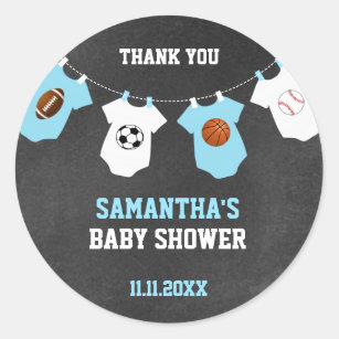 Thank You Sports Theme Baby Shower Chalkboard Boy Classic Round Sticker