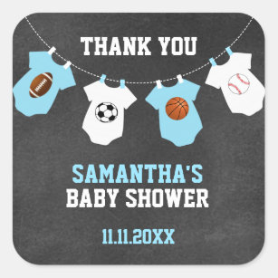Thank You Sports Theme Baby Shower Chalkboard Boy Square Sticker