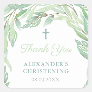 Thank You Spring Greenery Baptism or Christening Square Sticker