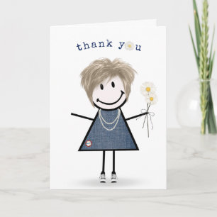 Thank You Stick Figure Girl with Daisies Card
