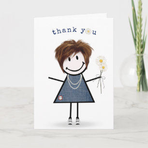 Thank You Stick Figure Girl with Daisies Card